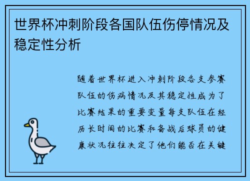 世界杯冲刺阶段各国队伍伤停情况及稳定性分析